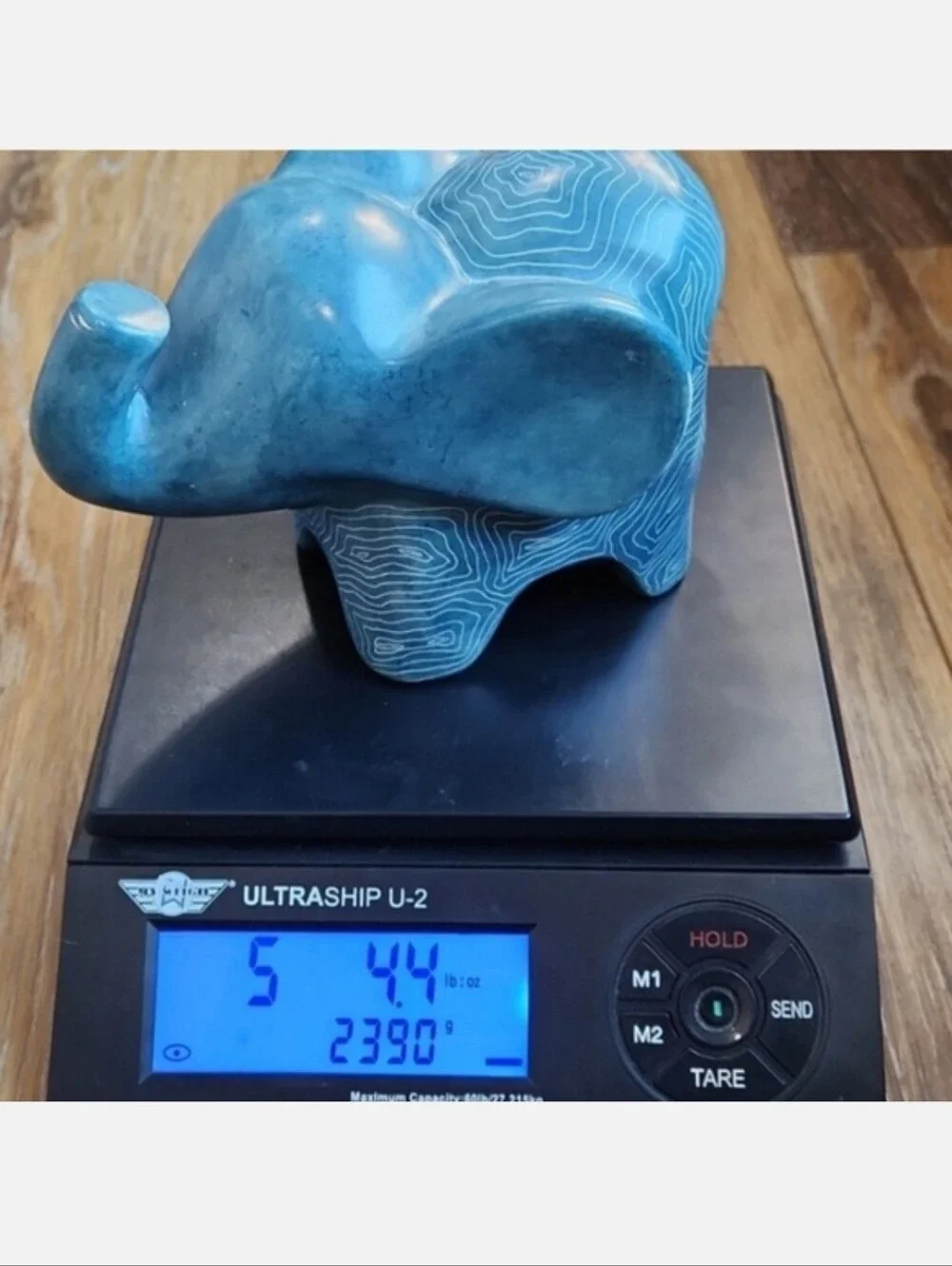 Afrikiko Soapstone Elephant Teal Blue Green White Abstract Circles